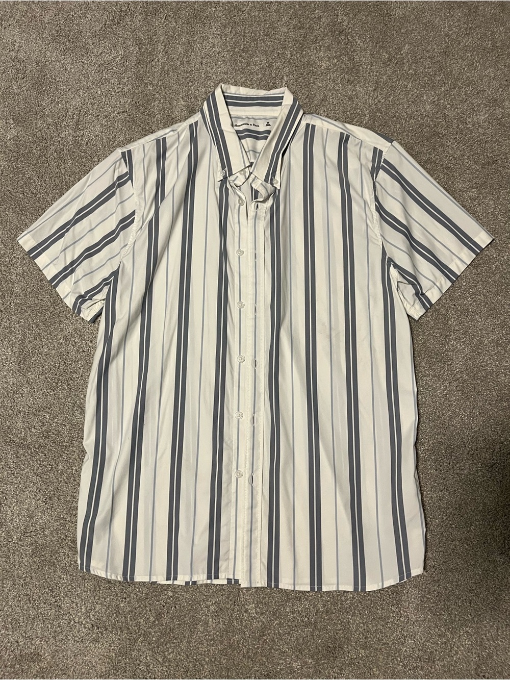 Abercrombie & Fitch White Short Sleeve Button-Up with Blue Vertical Stripes